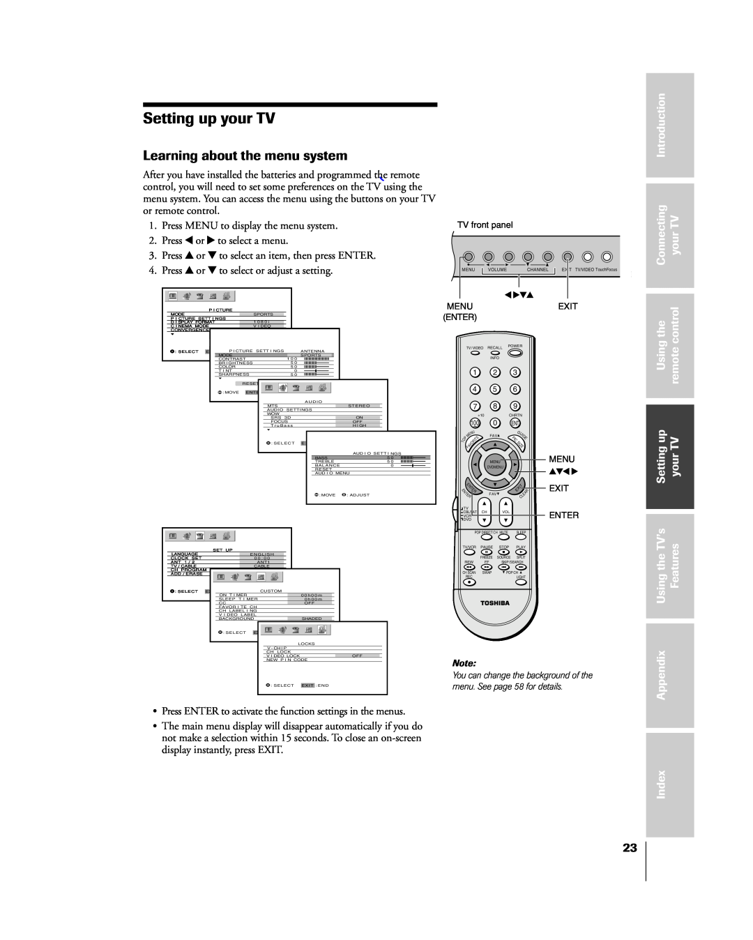Toshiba 57H85C Setting up your TV, Learning about the menu system, Introduction, Connecting, yourTV, Usingthe, Settingup 
