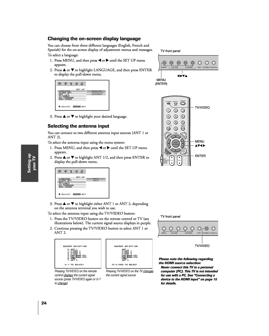 Toshiba 65H85C, 51H85C, 57H85C Changing the on-screen display language, Selecting the antenna input, Setting up your TV 