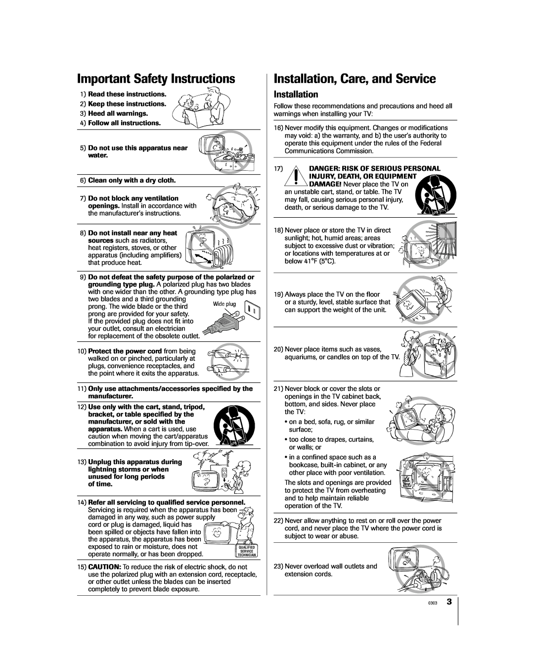 Toshiba 65H85C Important Safety Instructions, Installation, Care, and Service, the apparatus, the apparatus has been 