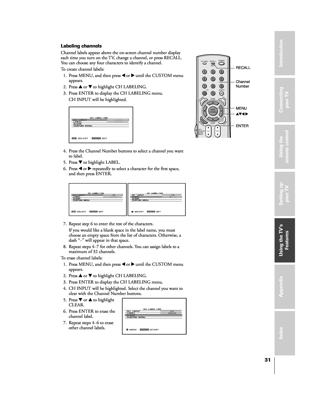 Toshiba 51H85C Introduction, Connecting, remotecontrol, Settingup yourTV, UsingtheTVÕs, Features, Appendix, Index 