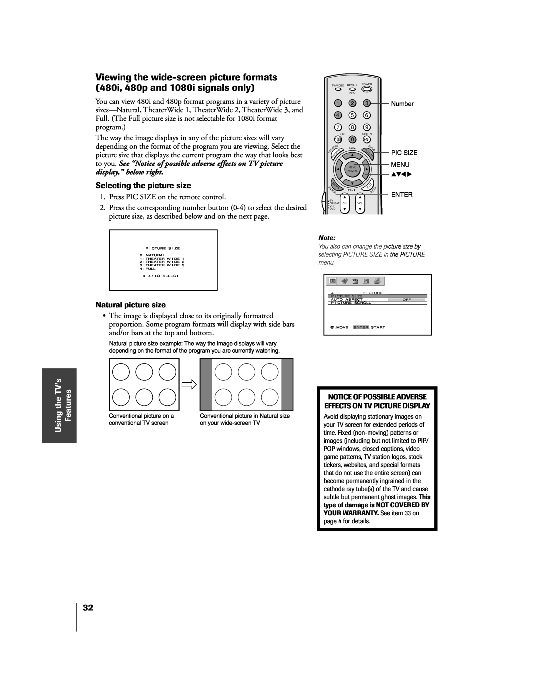 Toshiba 57H85C, 65H85C, 51H85C owner manual Selecting the picture size, Using the TVÕs Features 