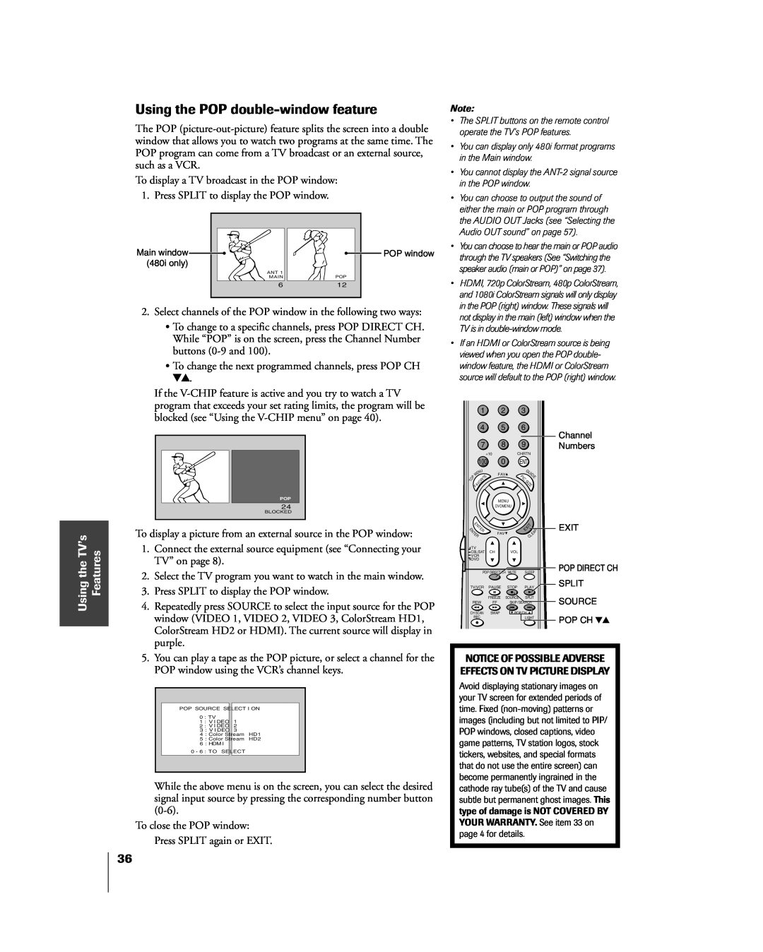 Toshiba 65H85C, 51H85C, 57H85C owner manual Using the POP double-window feature, Using the TVÕs Features 