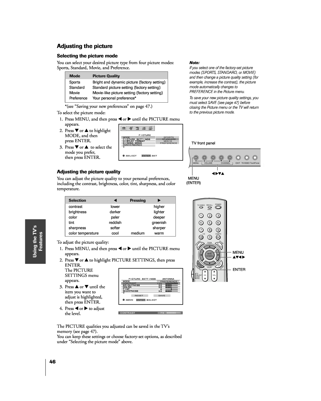 Toshiba 51H85C, 65H85C, 57H85C owner manual Selecting the picture mode, Adjusting the picture quality, the TVÕs 