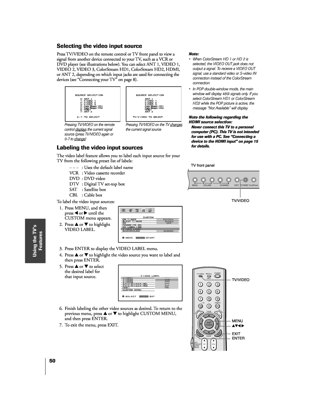 Toshiba 57H85C, 65H85C, 51H85C owner manual Selecting the video input source, previous menu, press, and then press ENTER 