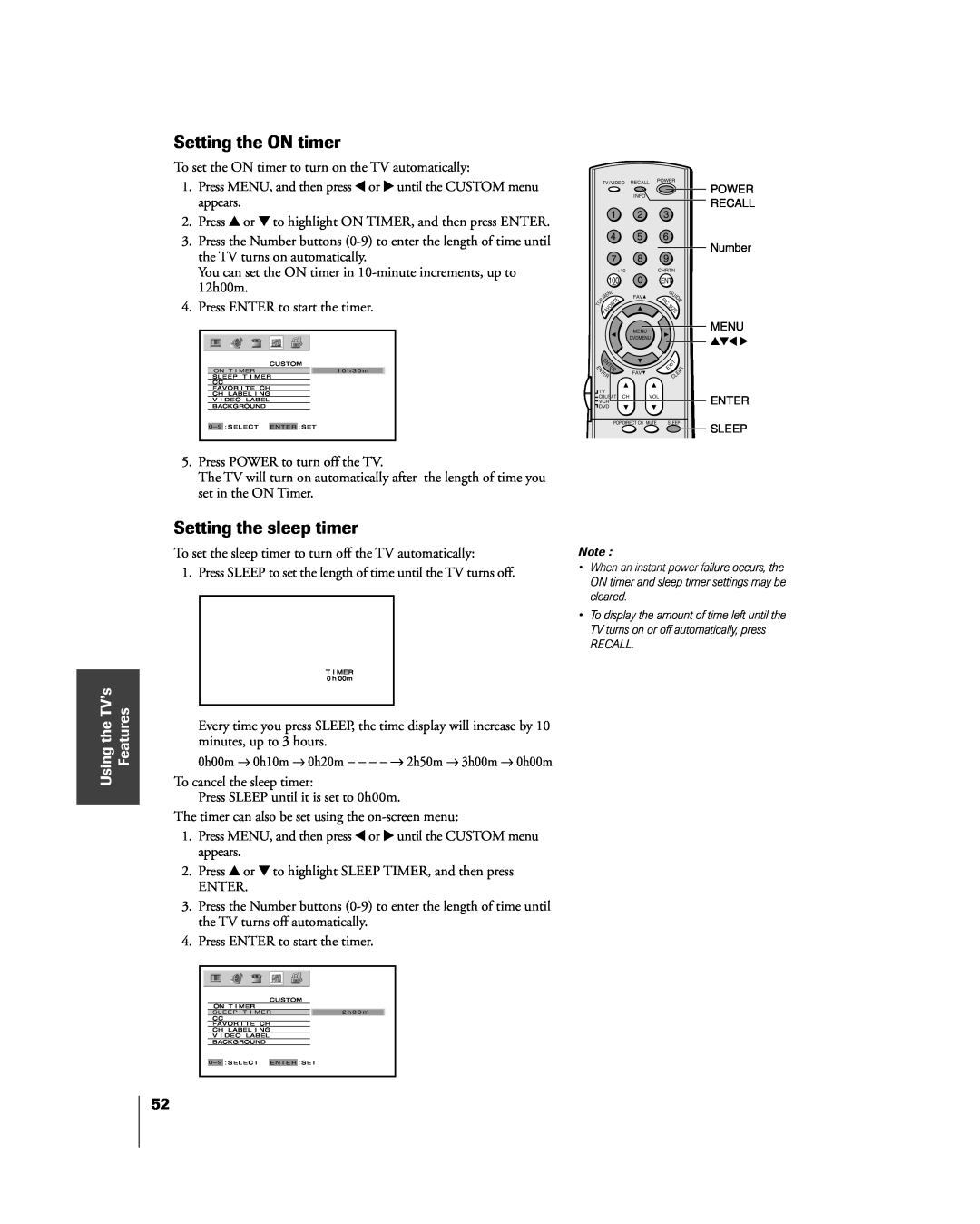Toshiba 51H85C, 65H85C, 57H85C owner manual Setting the ON timer, Setting the sleep timer, Using the TVÕs Features, Recall 