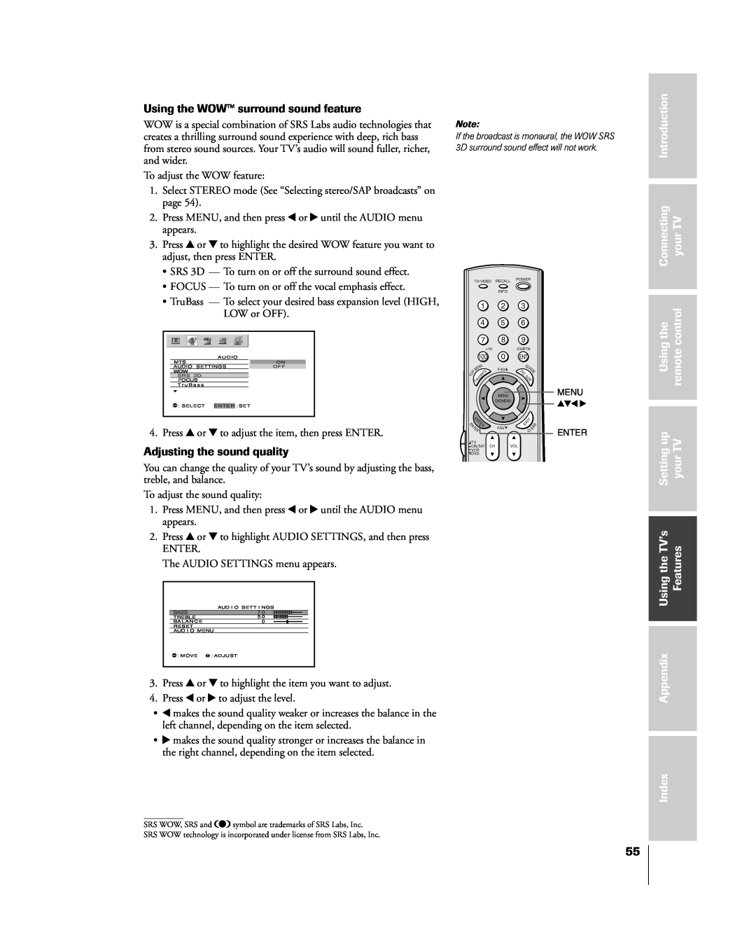 Toshiba 51H85C Introduction, Connecting, yourTV, remotecontrol, Settingup, UsingtheTVÕs, Features, Appendix, Index 