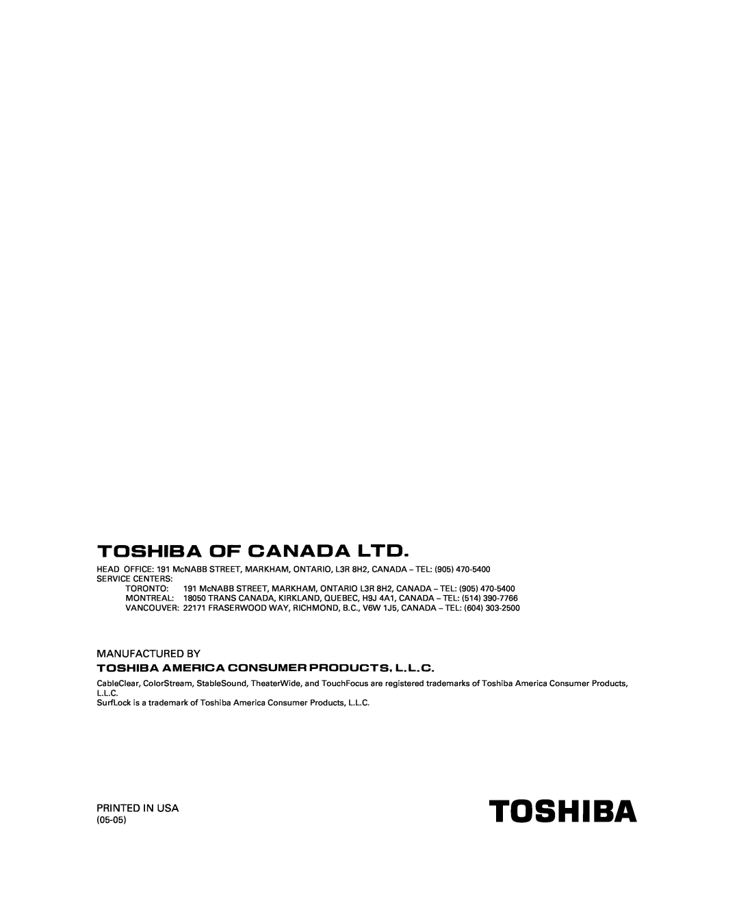 Toshiba 51H85C, 65H85C, 57H85C owner manual Manufactured By 
