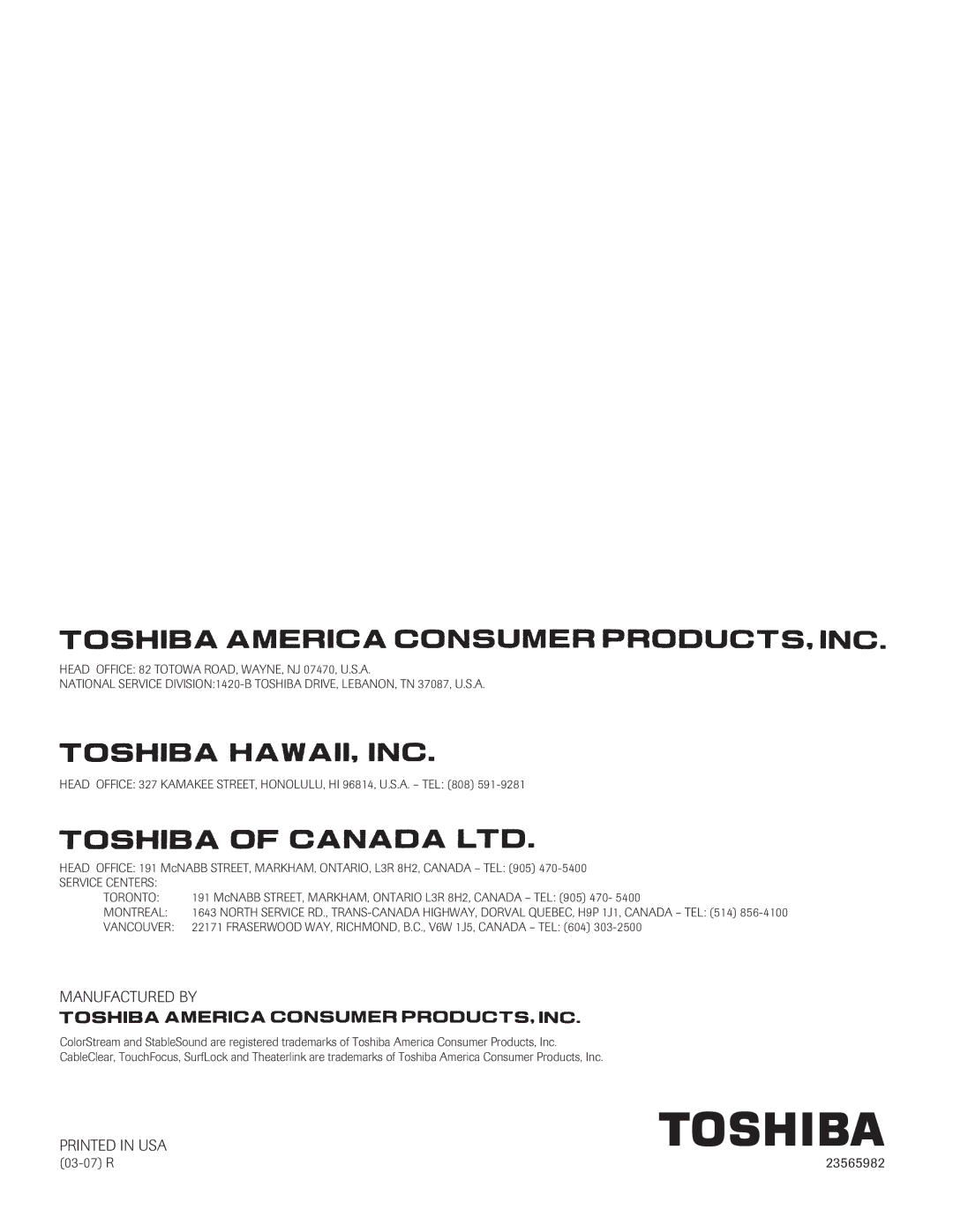 Toshiba 65H93, 57H93 owner manual Manufactured by, 03-07 R 23565982 