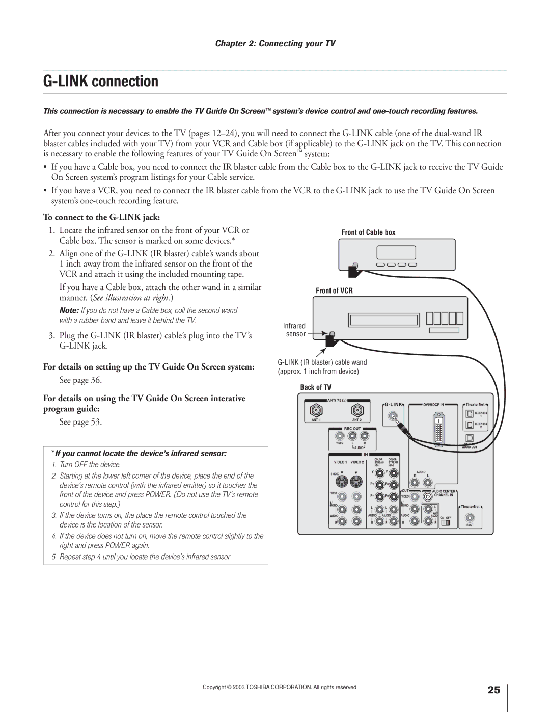 Toshiba 57H93, 65H93 owner manual Link connection, To connect to the G-LINK jack, See 