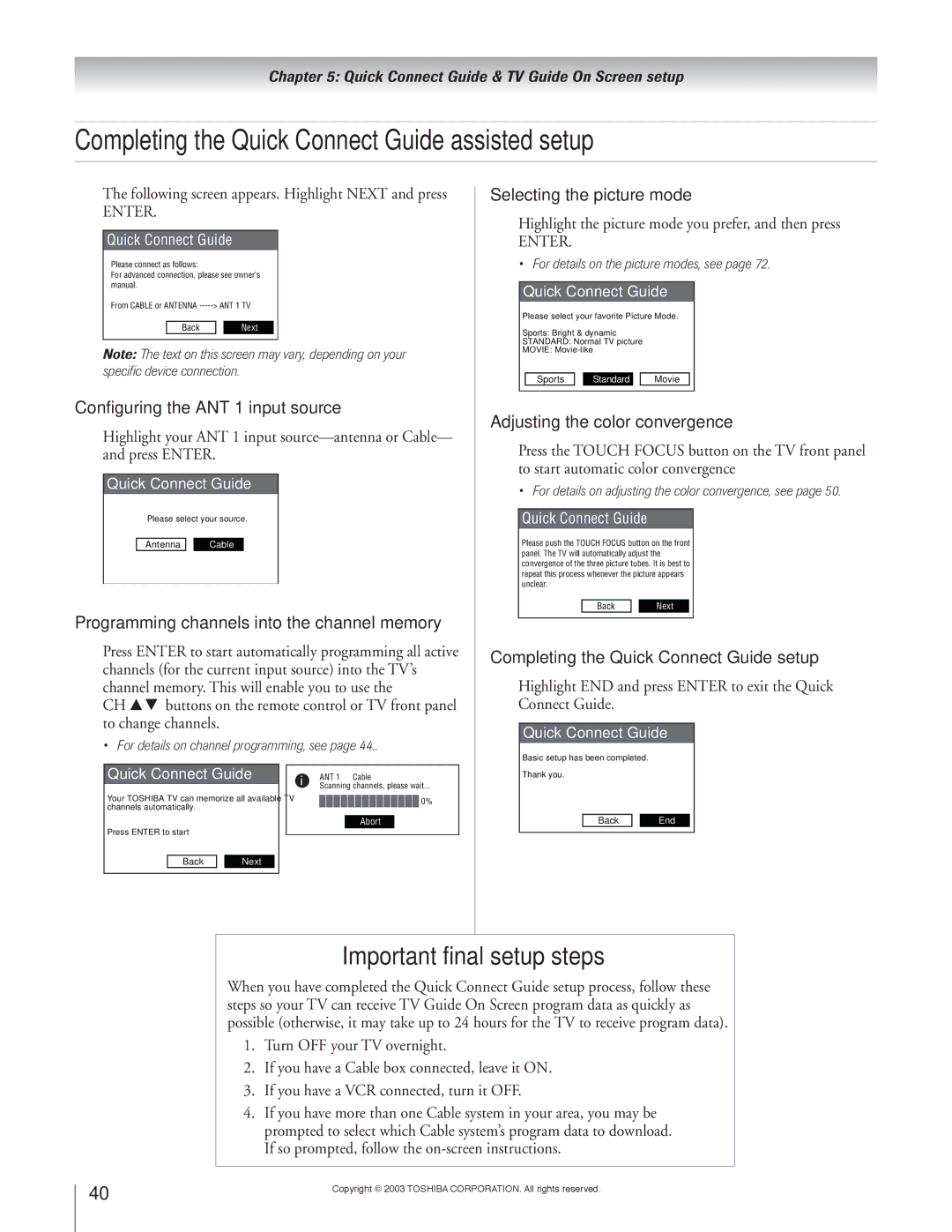 Toshiba 65H93, 57H93 owner manual Completing the Quick Connect Guide assisted setup, Important final setup steps 