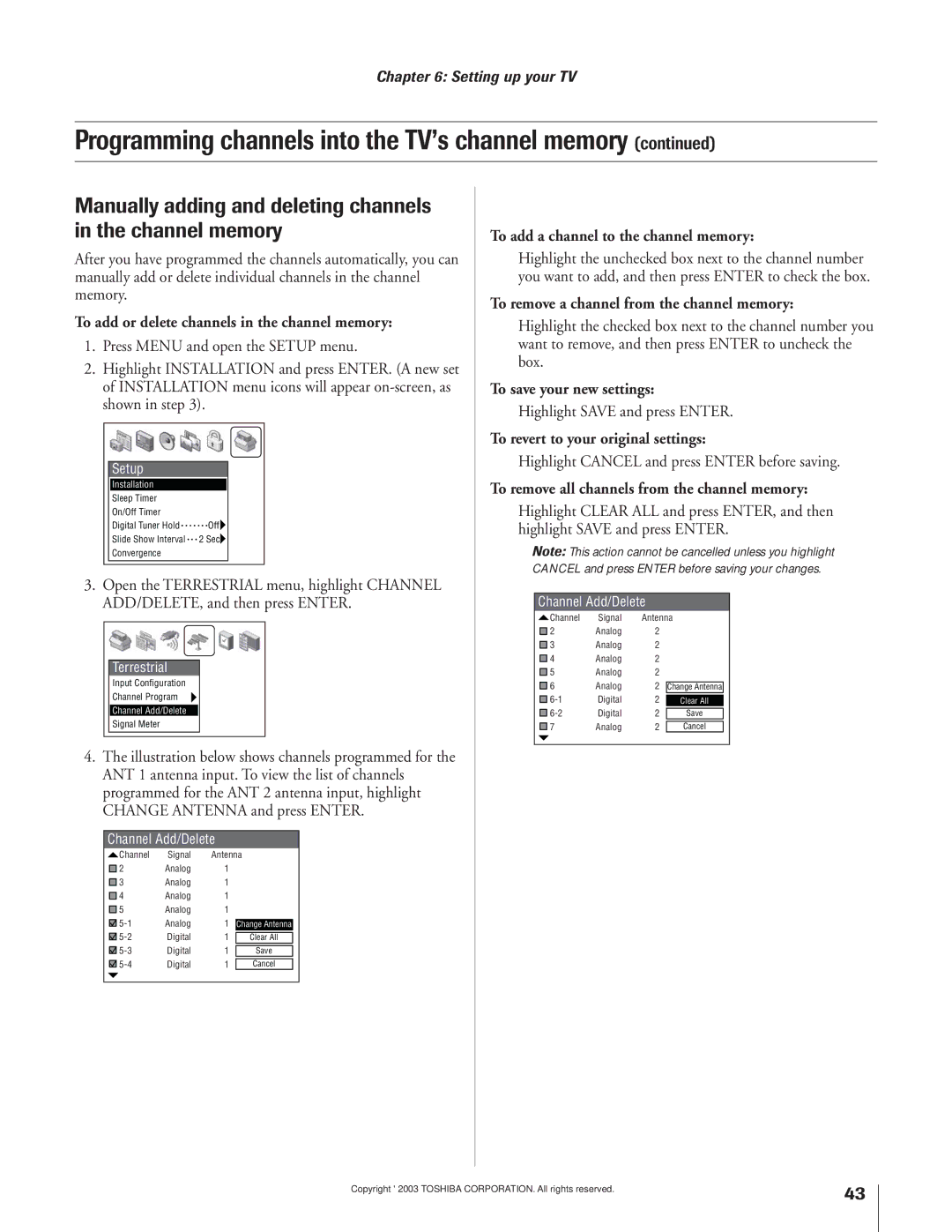 Toshiba 57H93, 65H93 owner manual Manually adding and deleting channels in the channel memory 