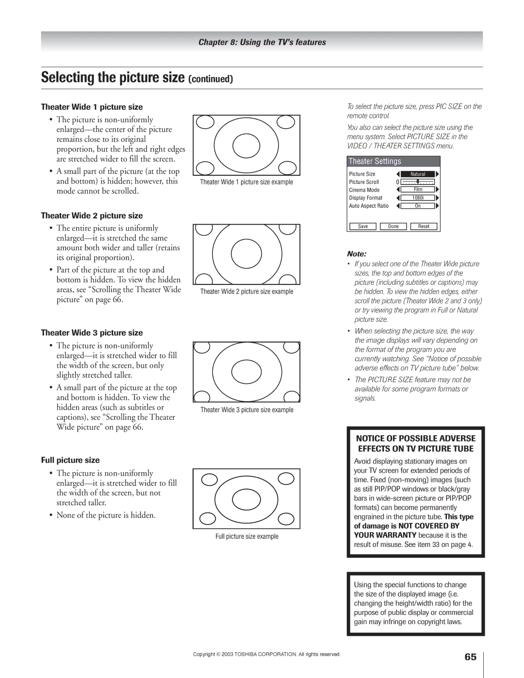 Toshiba 57H93 Theater Wide 1 picture size, Theater Wide 2 picture size, Theater Wide 3 picture size, Full picture size 