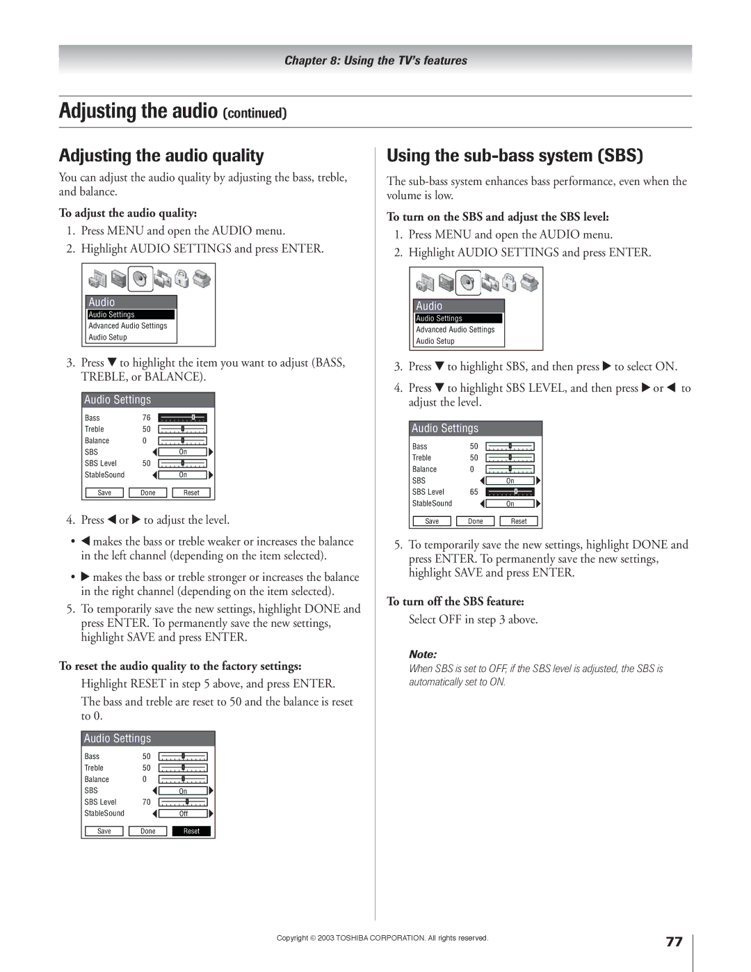 Toshiba 57H93, 65H93 owner manual Adjusting the audio quality, Using the sub-bass system SBS 