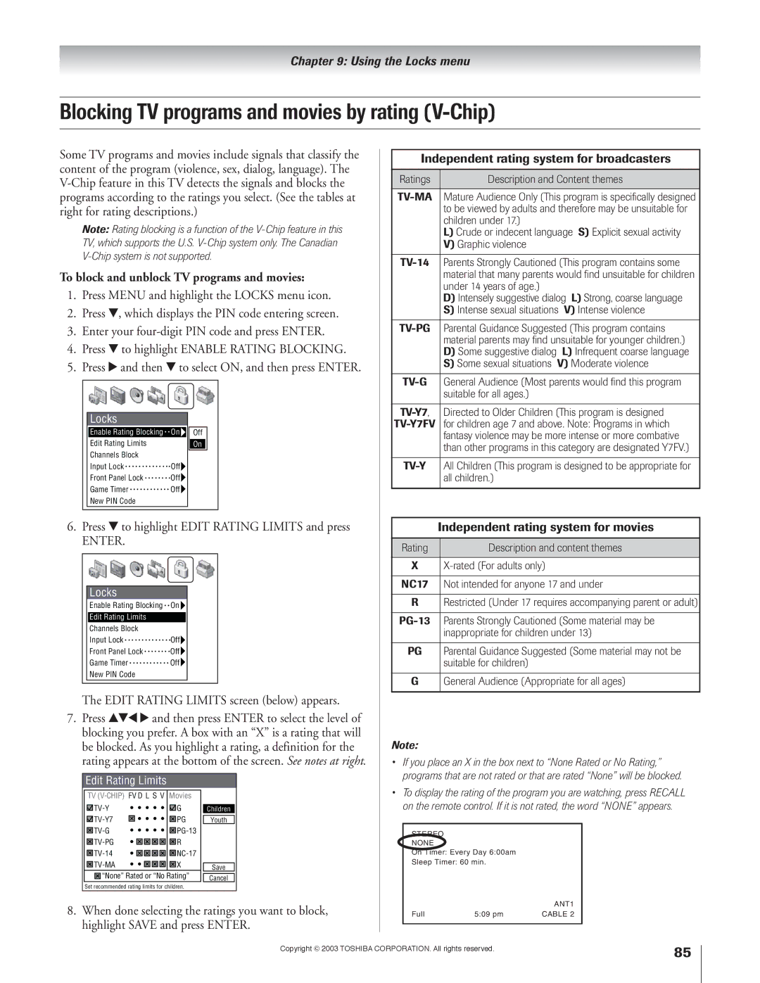 Toshiba 57H93, 65H93 Blocking TV programs and movies by rating V-Chip, To block and unblock TV programs and movies 