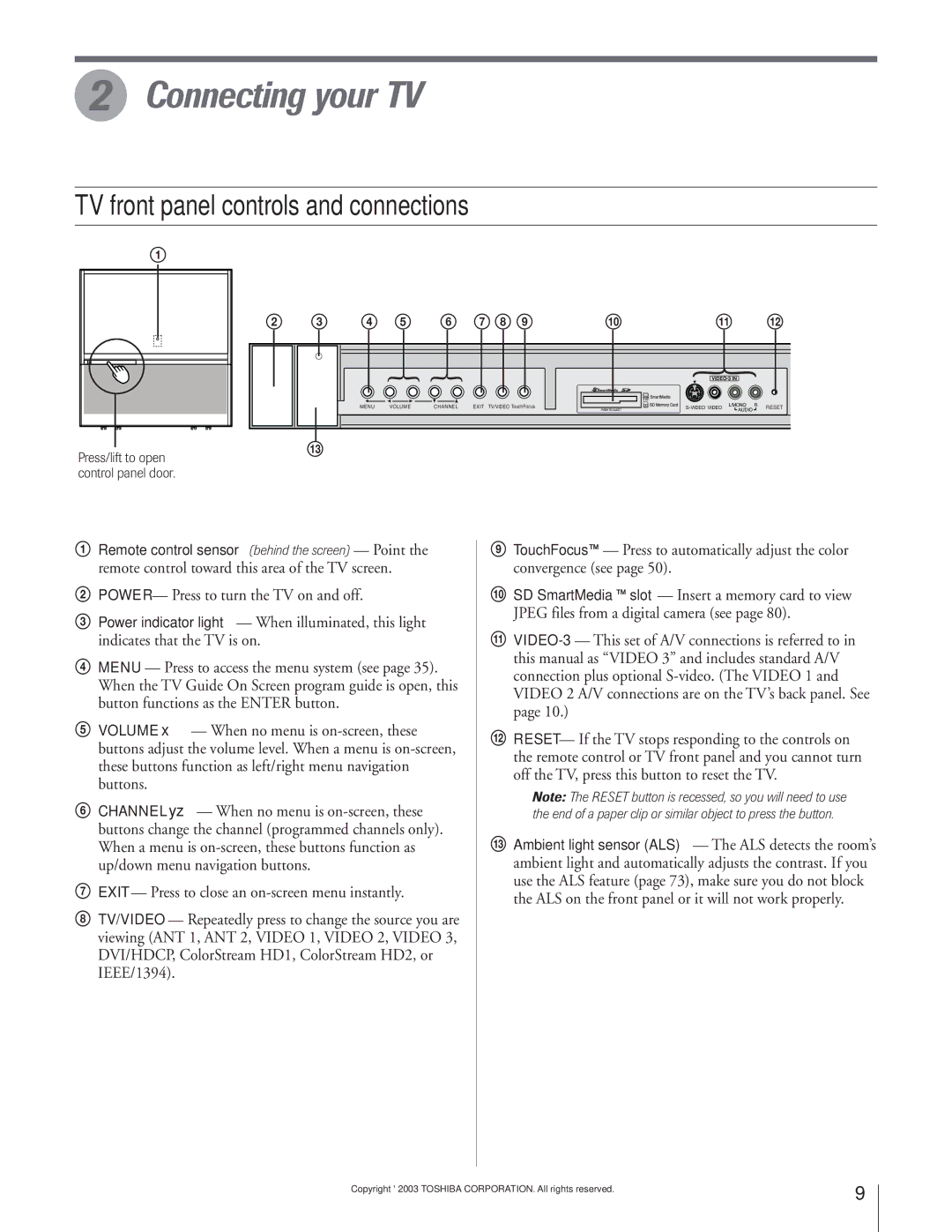 Toshiba 57H93, 65H93 owner manual Connecting your TV, TV front panel controls and connections, 4 5 6 7 8 