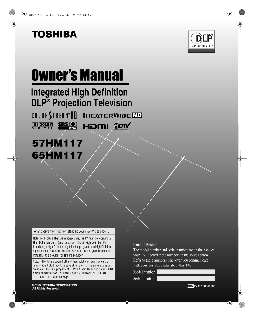 Toshiba manual 57HM117 65HM117 