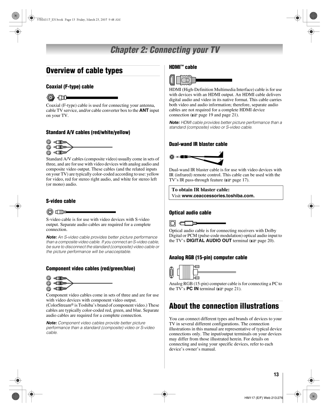 Toshiba 57HM117, 65HM117 manual Connecting your TV, Overview of cable types, About the connection illustrations 