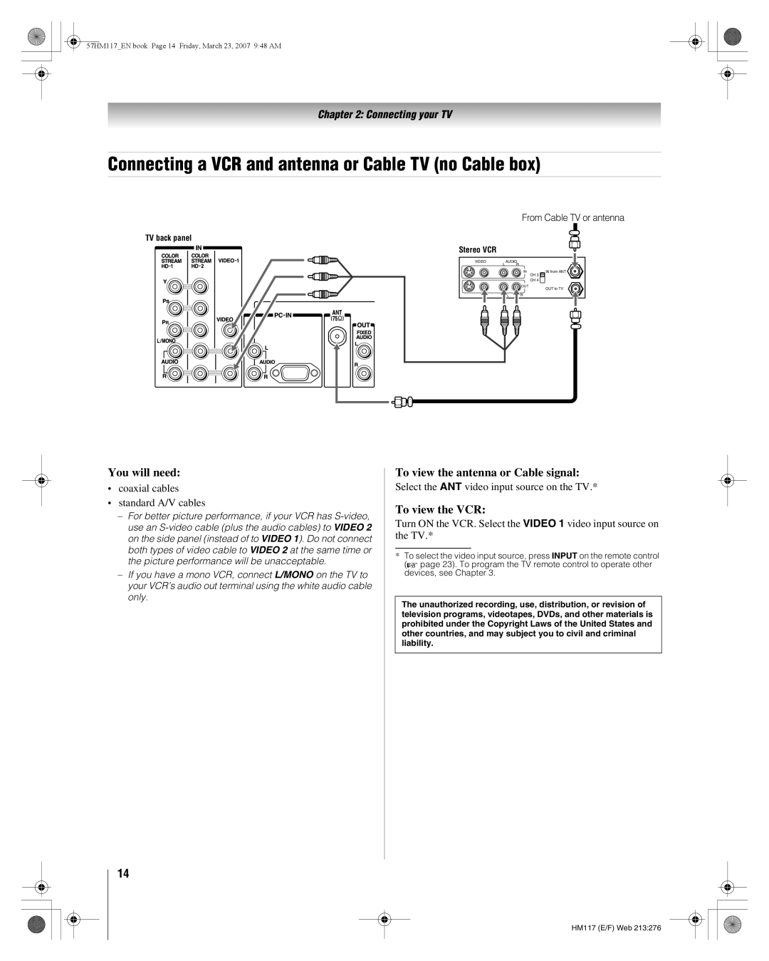 Toshiba 65HM117 Connecting a VCR and antenna or Cable TV no Cable box, You will need, To view the antenna or Cable signal 