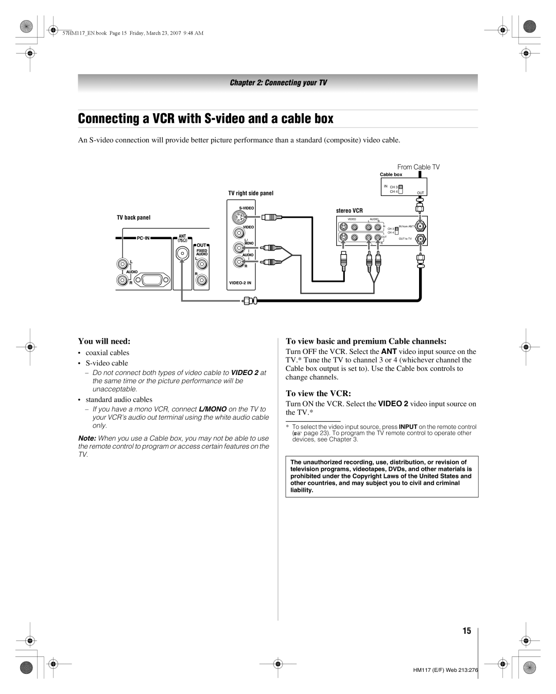 Toshiba 57HM117, 65HM117 manual Connecting a VCR with S-video and a cable box, To view basic and premium Cable channels 