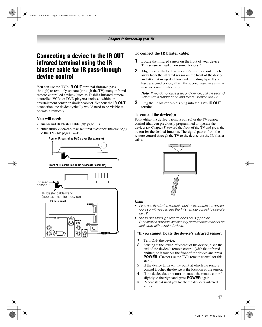 Toshiba 57HM117 To connect the IR blaster cable, To control the devices, If you cannot locate the device’s infrared sensor 