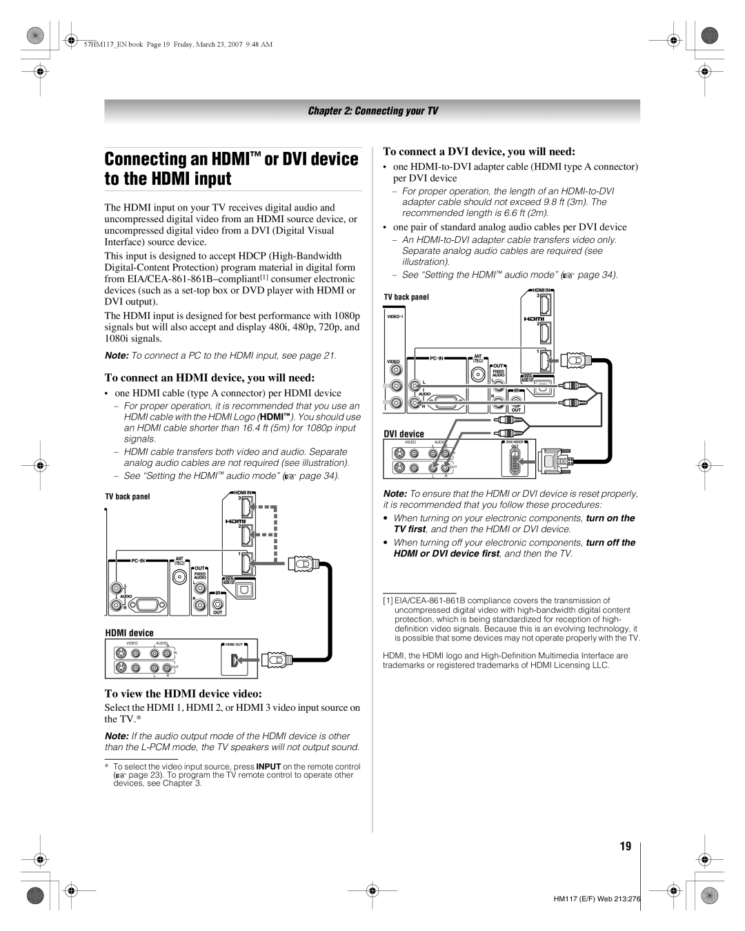 Toshiba 57HM117, 65HM117 manual Connecting an Hdmi or DVI device to the Hdmi input, To connect an Hdmi device, you will need 