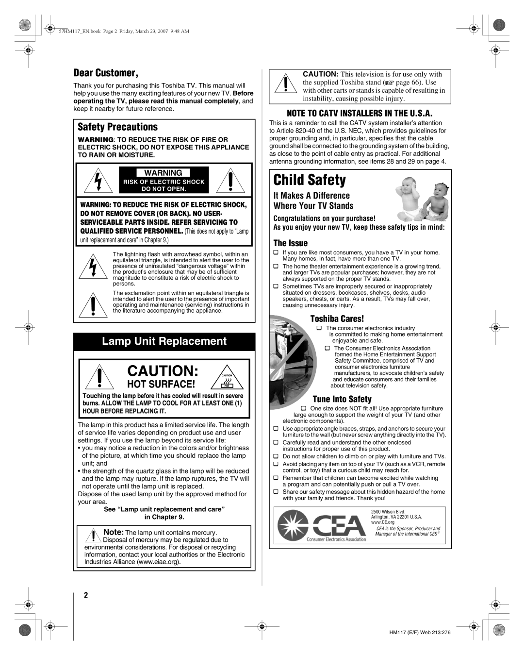 Toshiba 65HM117, 57HM117 manual Dear Customer, Safety Precautions 