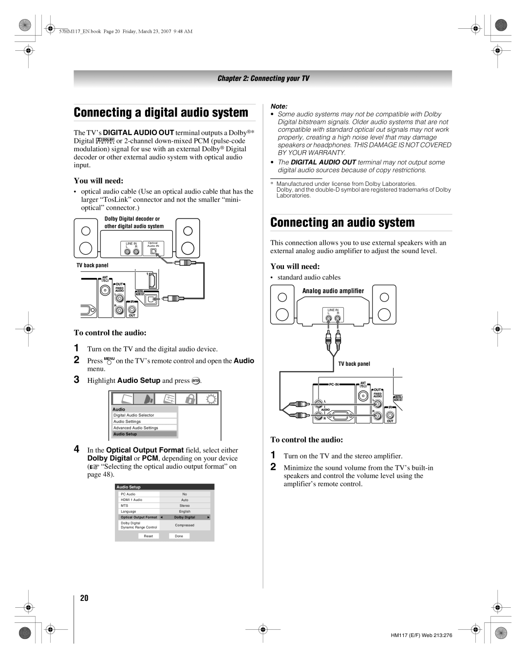 Toshiba 65HM117, 57HM117 manual Connecting an audio system, To control the audio 