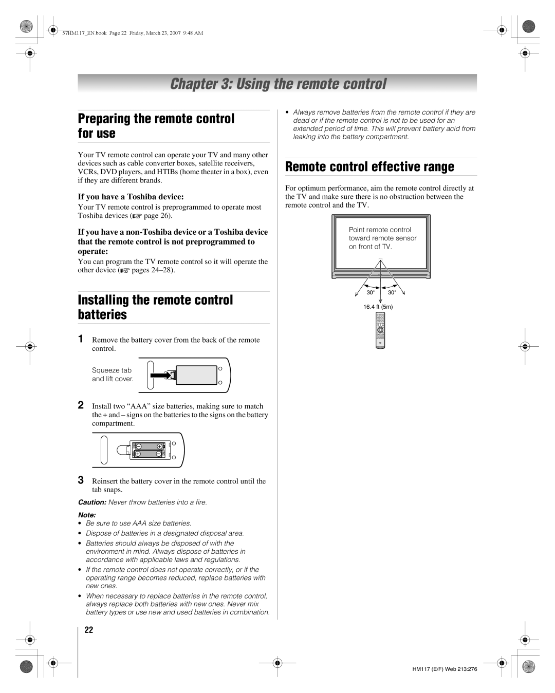 Toshiba 65HM117 Using the remote control, Preparing the remote control for use, Installing the remote control batteries 