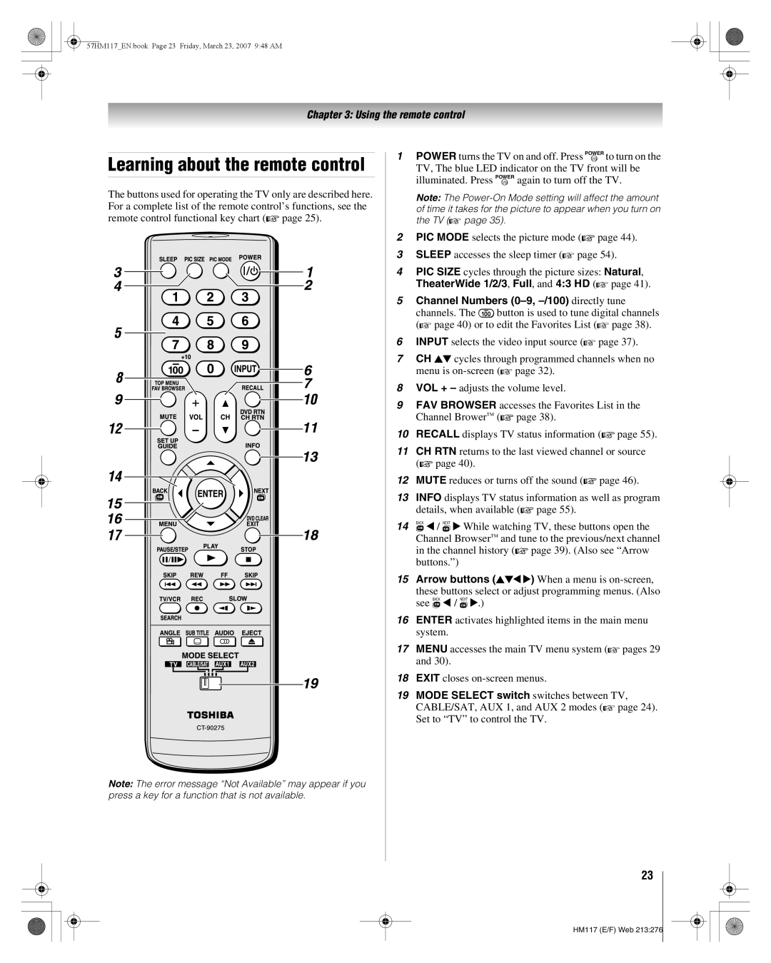 Toshiba 57HM117, 65HM117 manual Learning about the remote control, TheaterWide 1/2/3, Full, and 43 HD 