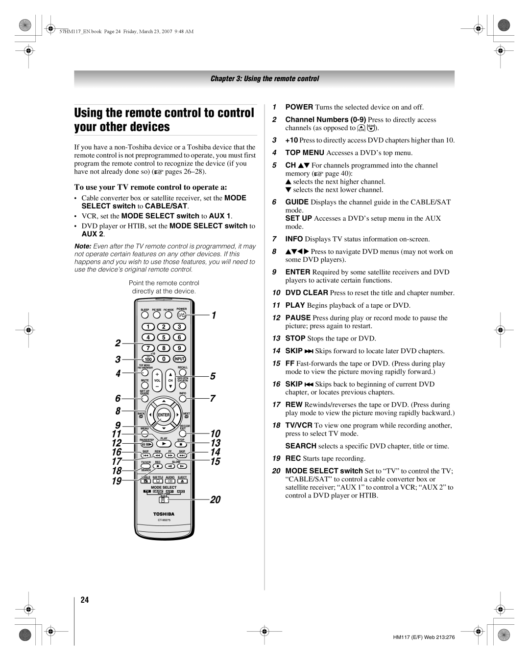 Toshiba 65HM117 Using the remote control to control your other devices, To use your TV remote control to operate a, Aux 