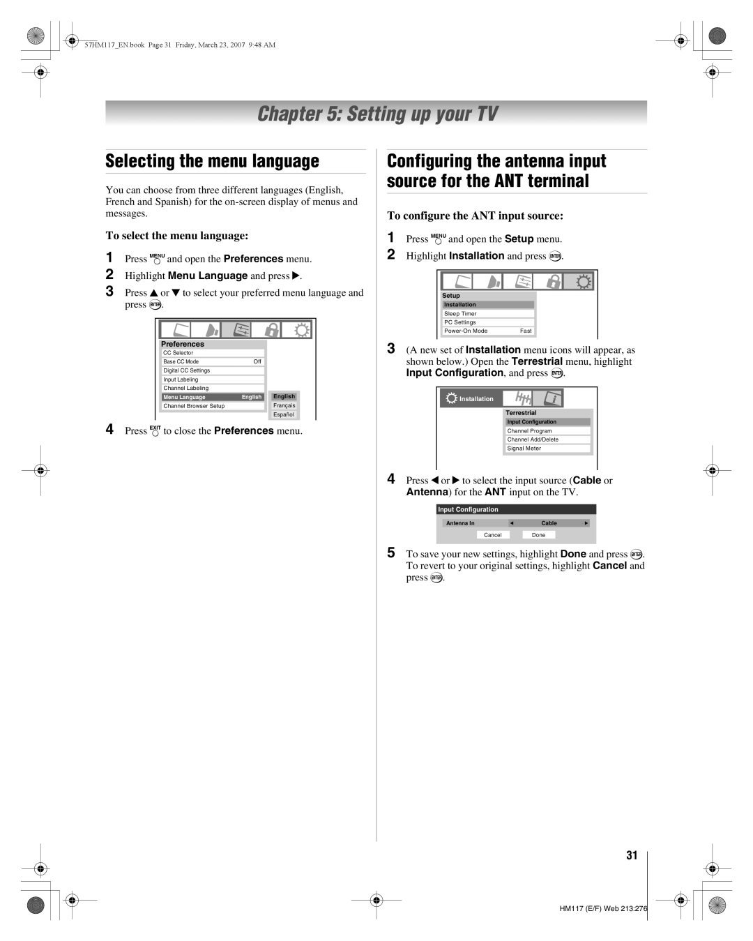 Toshiba 57HM117, 65HM117 manual Setting up your TV, Selecting the menu language, To select the menu language 