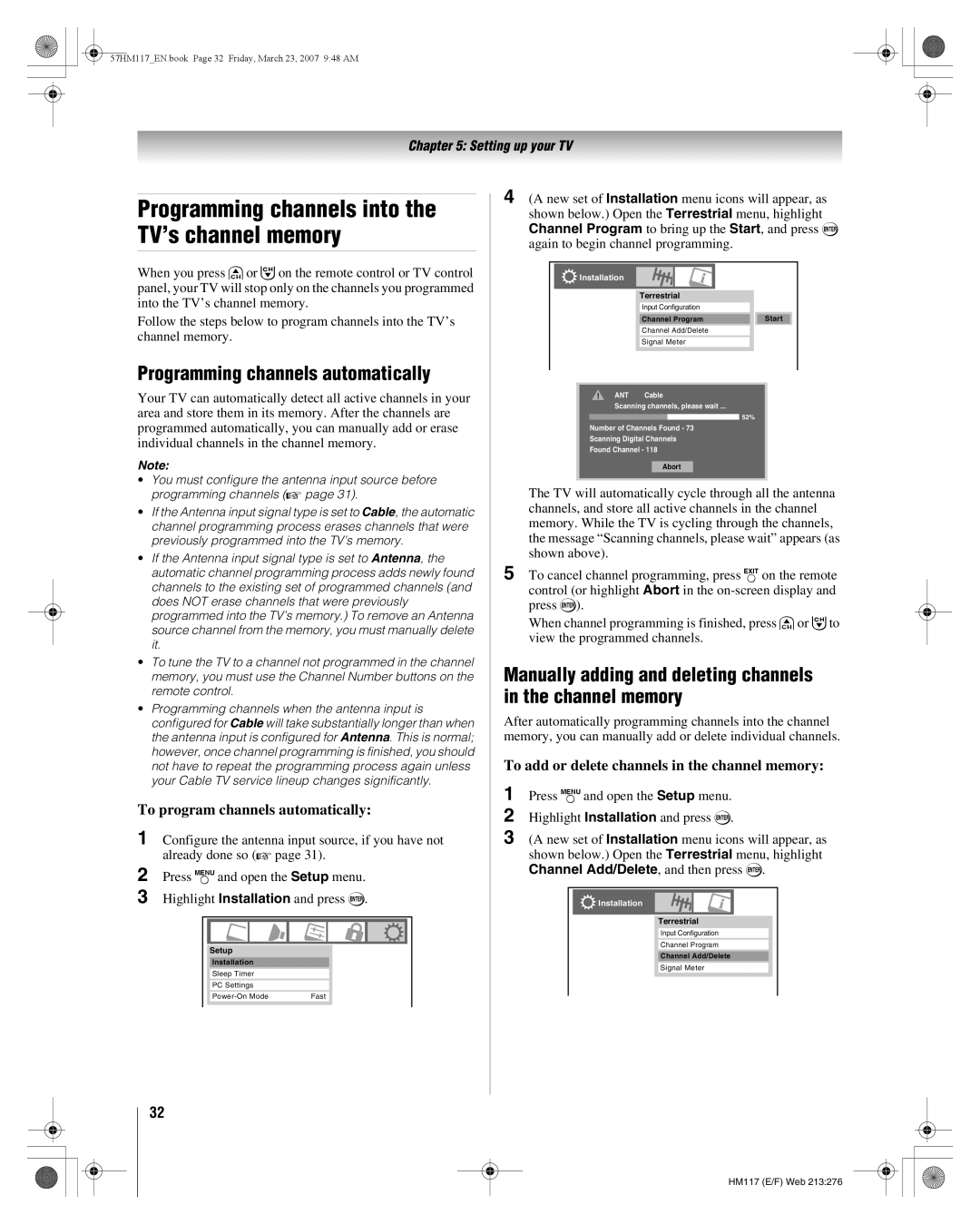 Toshiba 65HM117, 57HM117 Programming channels automatically, Manually adding and deleting channels in the channel memory 