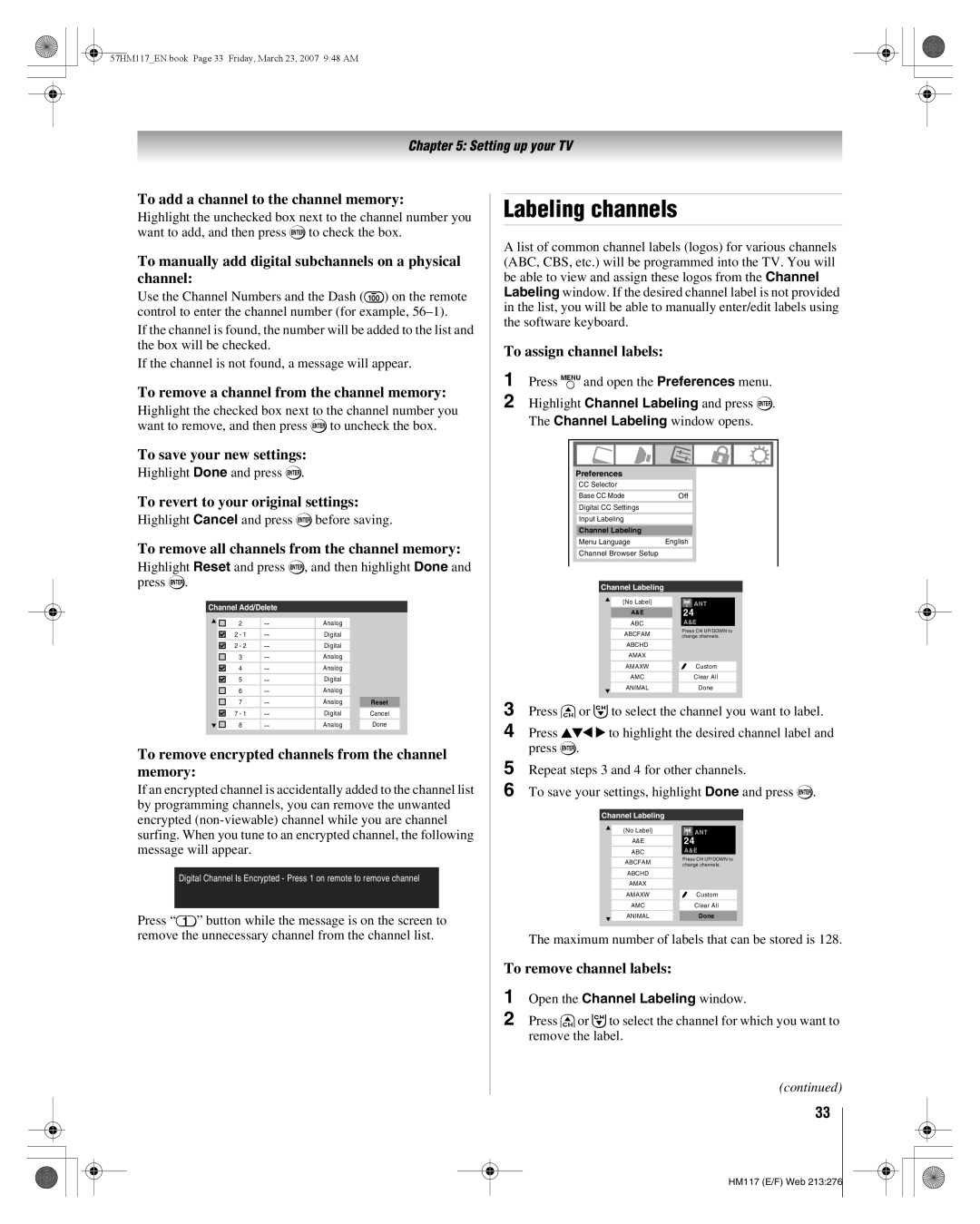 Toshiba 57HM117, 65HM117 manual Labeling channels 
