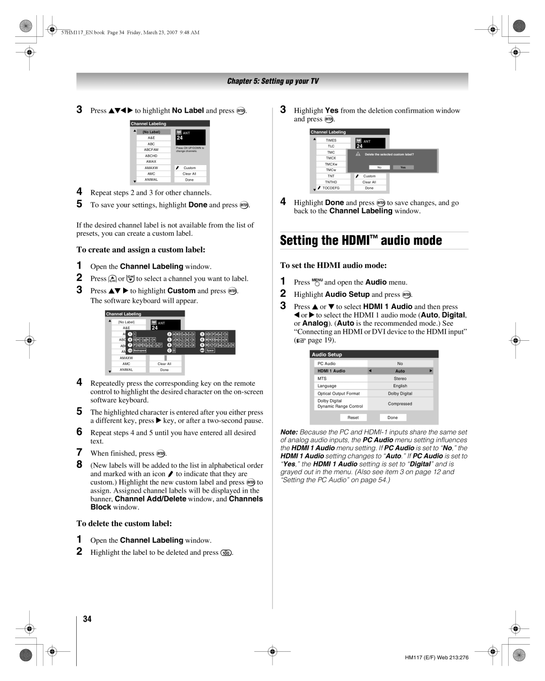 Toshiba 65HM117, 57HM117 manual Setting the Hdmi audio mode, To create and assign a custom label, To delete the custom label 