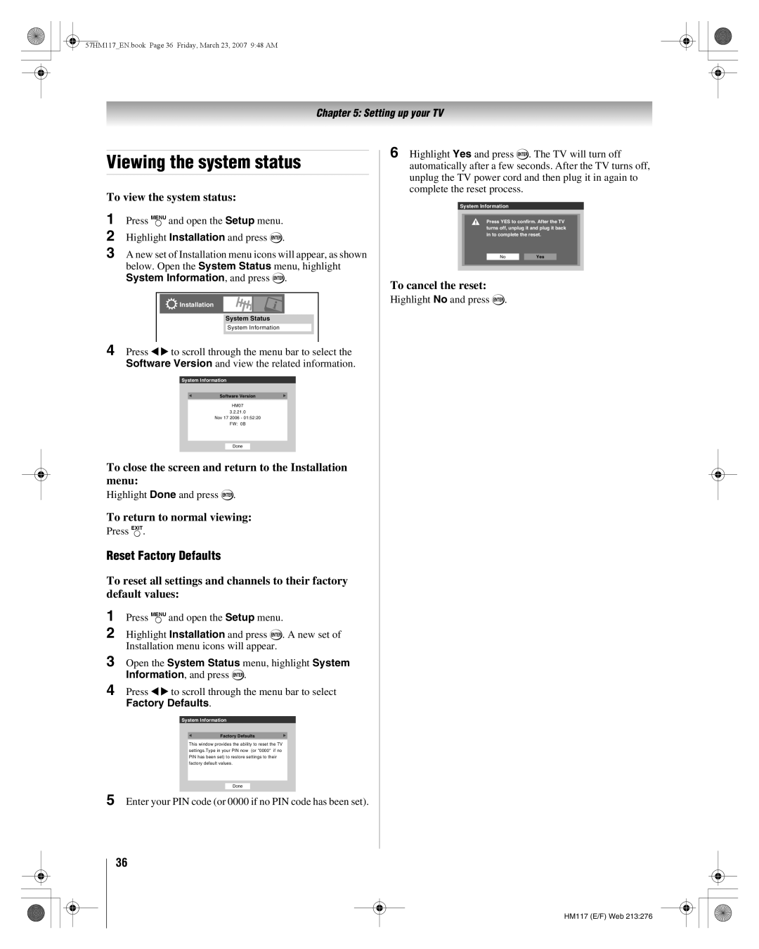 Toshiba 65HM117, 57HM117 Viewing the system status, To view the system status, Reset Factory Defaults, To cancel the reset 