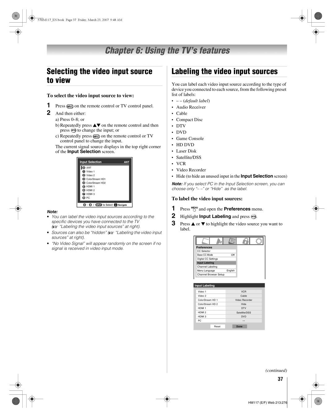 Toshiba 57HM117 manual Using the TV’s features, Selecting the video input source to view, Labeling the video input sources 