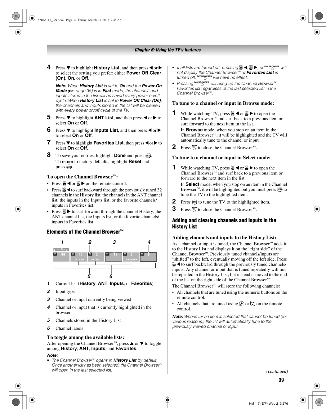 Toshiba 57HM117, 65HM117 manual Elements of the Channel Browser, Adding and clearing channels and inputs in the History List 