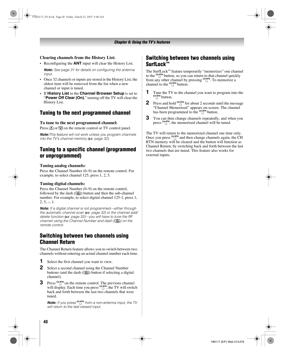 Toshiba 65HM117 Tuning to a specific channel programmed or unprogrammed, Switching between two channels using SurfLock 