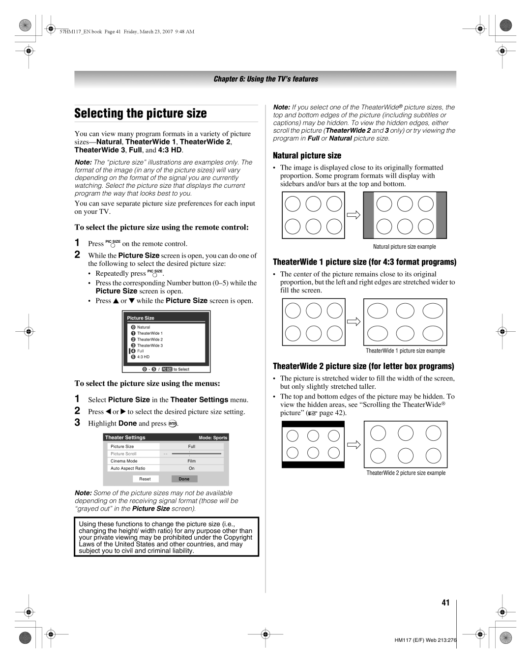 Toshiba 57HM117 manual Selecting the picture size, Natural picture size, TheaterWide 1 picture size for 43 format programs 