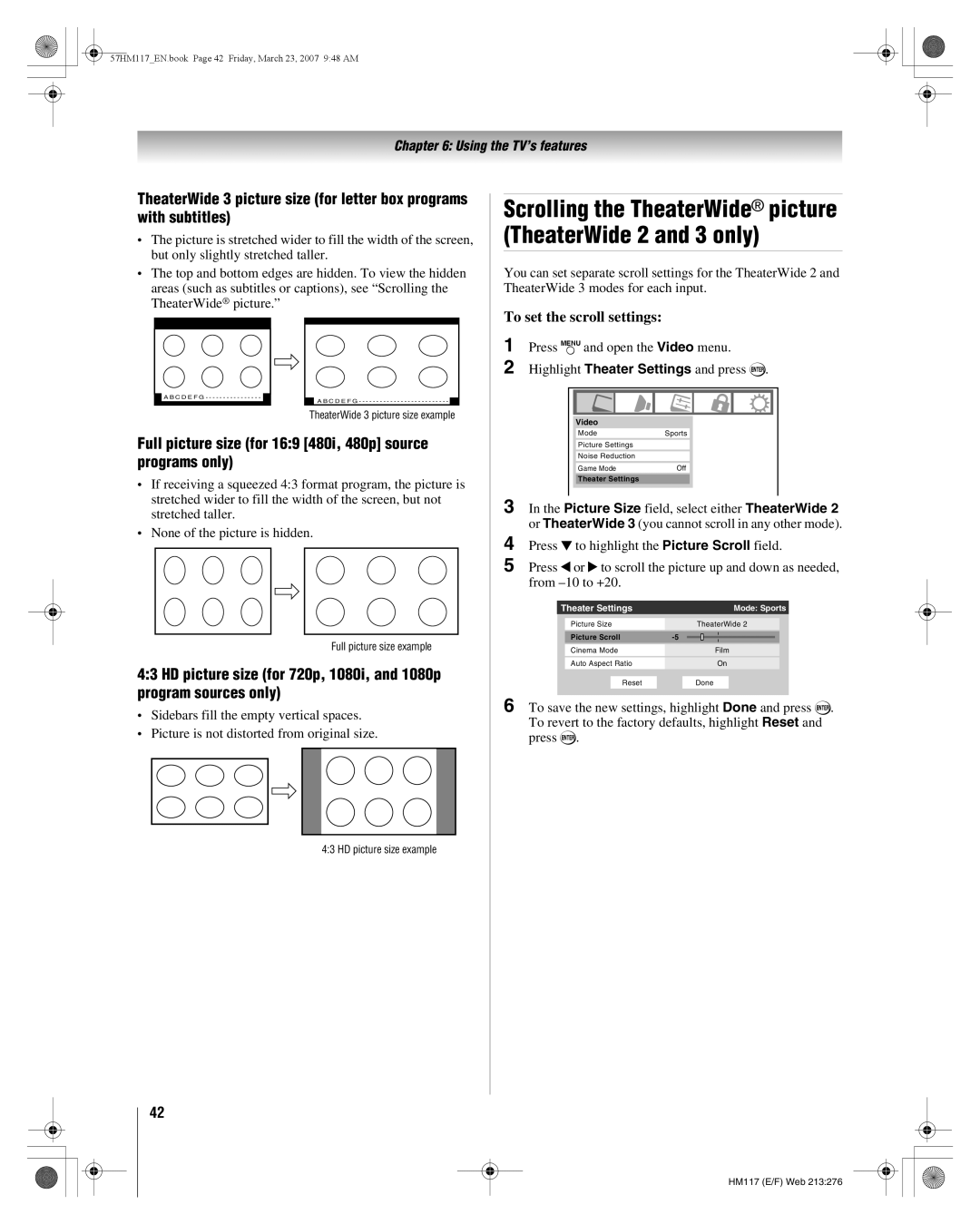 Toshiba 65HM117, 57HM117 manual Full picture size for 169 480i, 480p source programs only, To set the scroll settings 