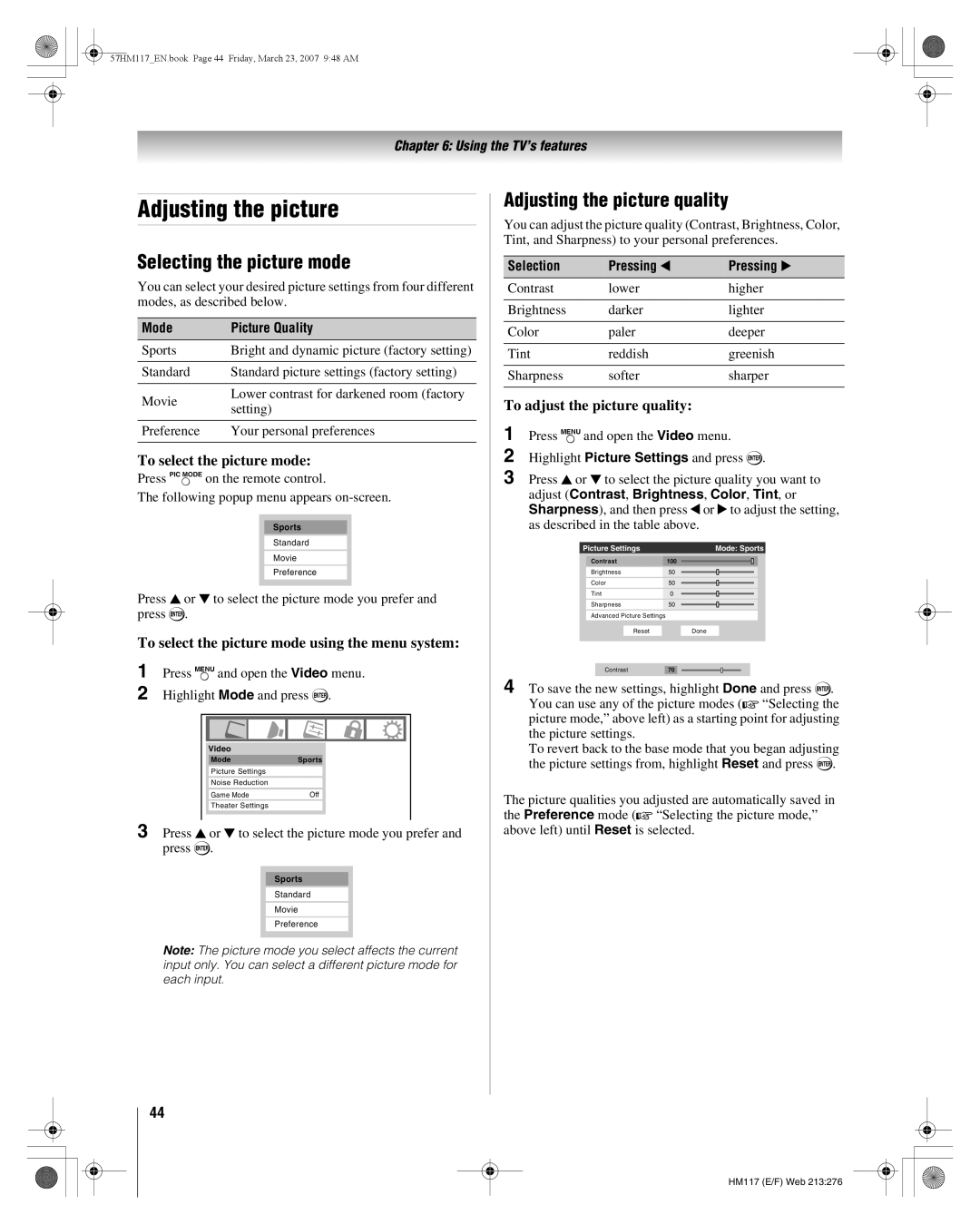 Toshiba 65HM117, 57HM117 manual Selecting the picture mode, Adjusting the picture quality 