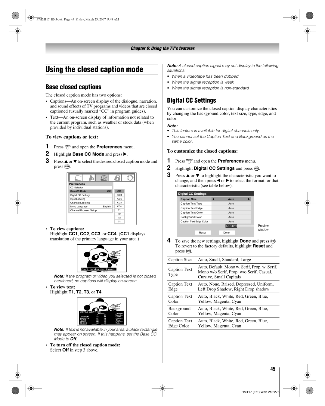 Toshiba 57HM117 manual Using the closed caption mode, Base closed captions, Digital CC Settings, To view captions or text 