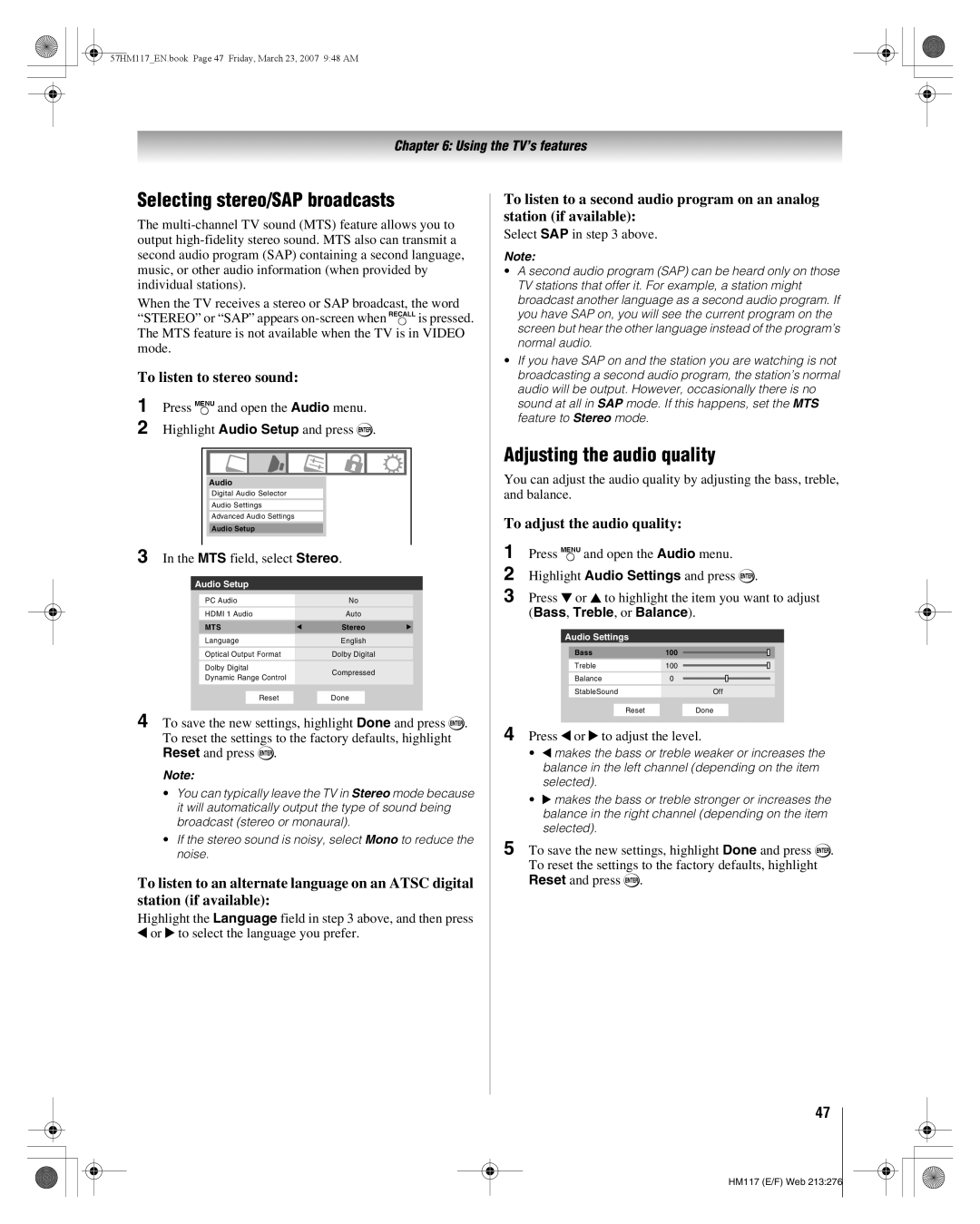 Toshiba 57HM117, 65HM117 manual Selecting stereo/SAP broadcasts, Adjusting the audio quality, To listen to stereo sound 