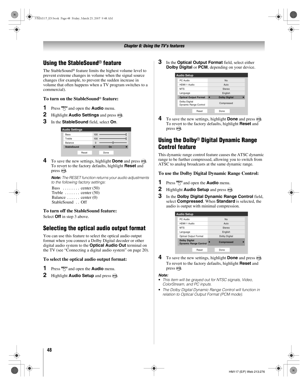 Toshiba 65HM117, 57HM117 manual Using the StableSound feature, Using the Dolby Digital Dynamic Range Control feature 