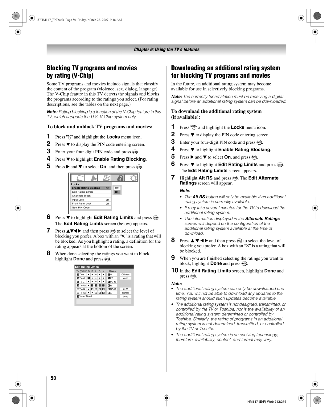 Toshiba 65HM117, 57HM117 Blocking TV programs and movies by rating V-Chip, To block and unblock TV programs and movies 