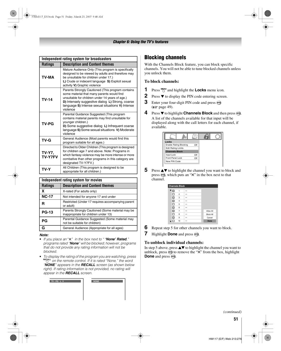 Toshiba 57HM117, 65HM117 manual Blocking channels, To block channels, To unblock individual channels 