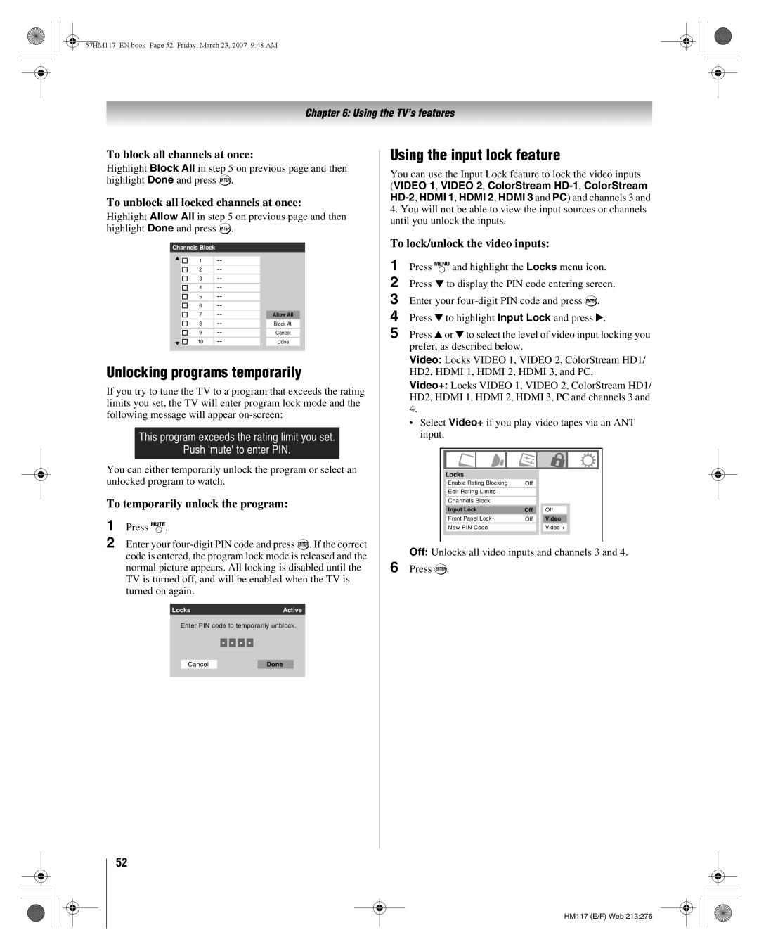 Toshiba 65HM117, 57HM117 manual Unlocking programs temporarily, Using the input lock feature 