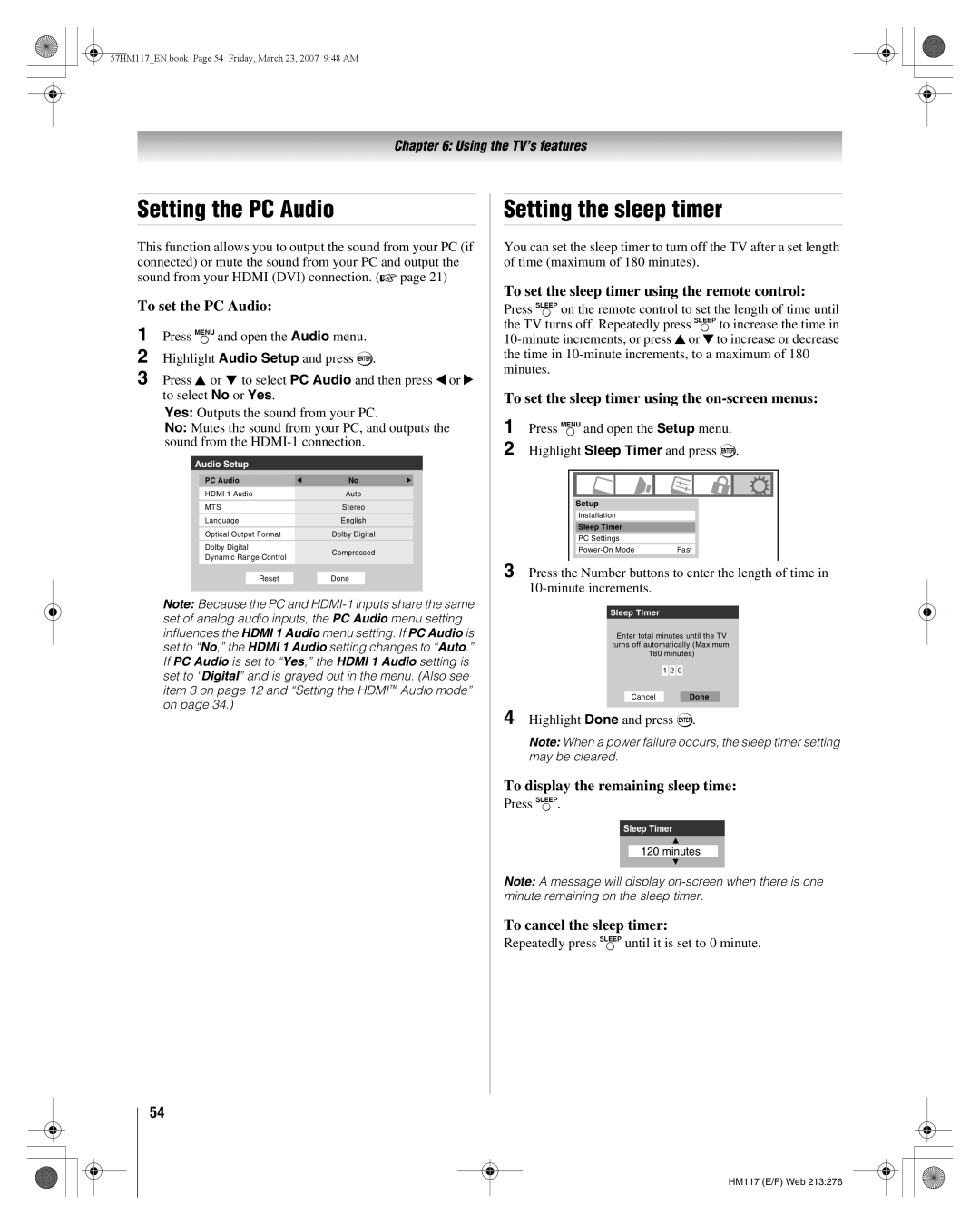 Toshiba 65HM117, 57HM117 manual Setting the PC Audio, Setting the sleep timer 