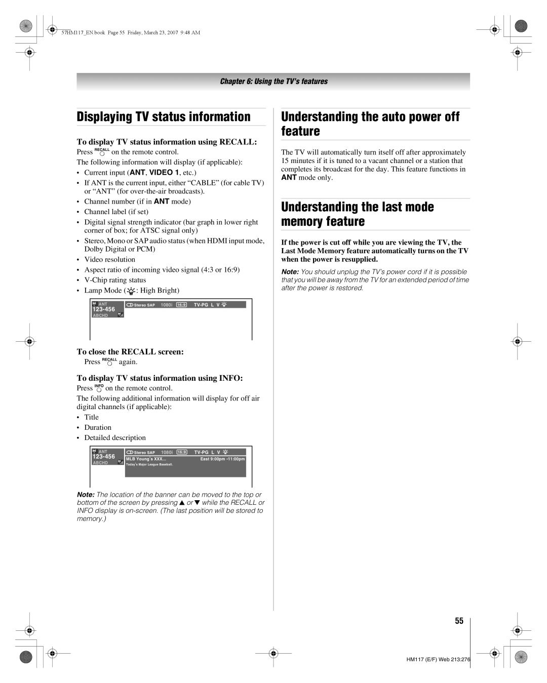 Toshiba 57HM117, 65HM117 manual Understanding the auto power off feature, Understanding the last mode memory feature 