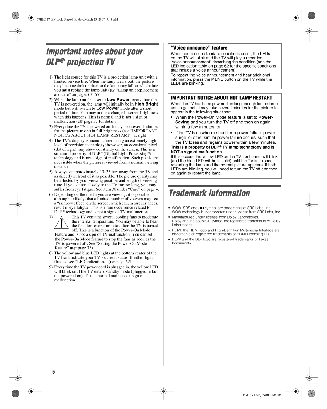 Toshiba 65HM117, 57HM117 manual Important notes about your DLP projection TV, Trademark Information, Voice announce feature 